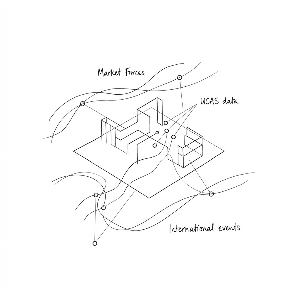 A geometric plane with an architectural surrounded above and around the plane by external flowing nodes and lines that connect loosely to points on the structure. Labels for some lines include "Market Forces", "UCAS data", "New developments", "International events". No black border