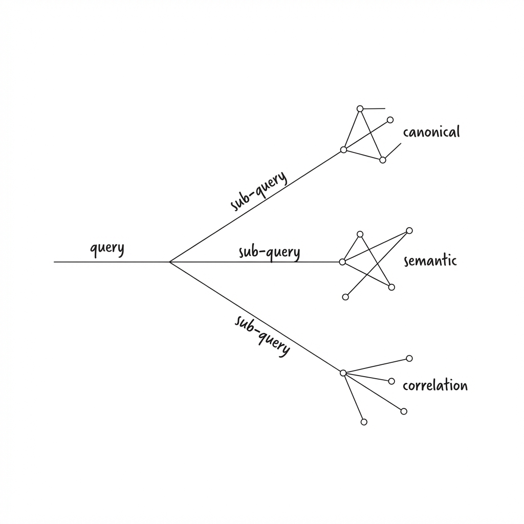 A branching diagram showing one input line splitting into three output branches, with minimal handwritten labels "query" at the input, "sub-query" along each of the three branches, and "canonical", "semantic" and "correlation" at each of the three clusters of terminal points, rendered as clean geometric lines suggesting information flow and decomposition.