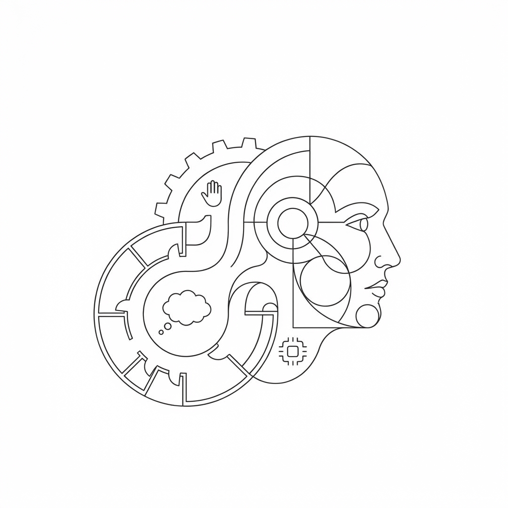 A stylised loop of activity with a human face, bauhaus stylised, as an inextricable part of the loop, implying artistically the notion of 'human-in-the-loop'. Absolutely no labels