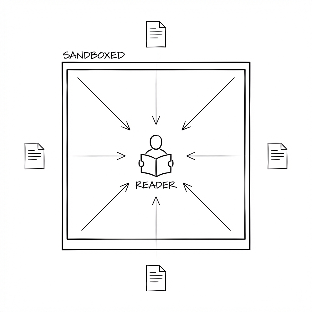 A rectangular container with thick boundary lines containing a smaller agent symbol, with arrows flowing inward from external document icons but no arrows flowing outward, labeled "READER" and "SANDBOXED"