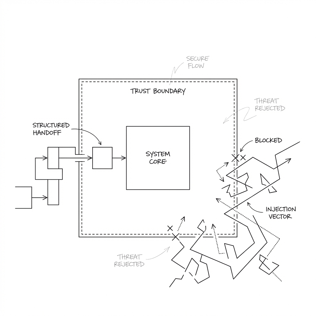 A simple architectural diagram showing a "System Core" that is protected by a "Trust Boundary.  Two contrasting data flow patterns are trying to reach the system core: one path with structured rectangular modules connected by clean perpendicular lines labeled "structured handoff" connects through the Trust Boundary successfully. A second, more chaotic path with irregular, broken lines labeled "injection vector" is blocked from reaching the "system core" by the "trust boundary".