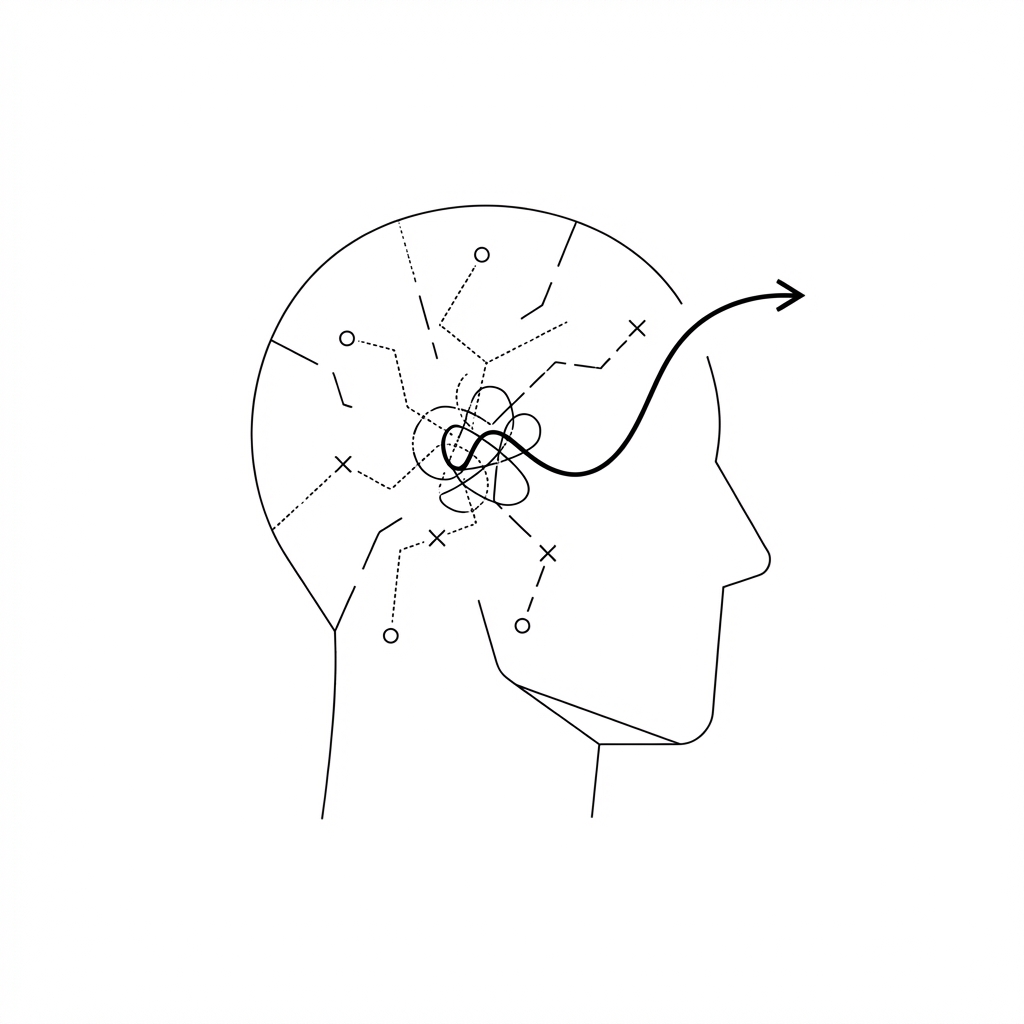A bauhaus style abstract human head and brain exposing connecting lines and nodes implying neural pathway formation. A branching pathway that starts as scattered, broken lines and gradually consolidates into a clear, confident stroke. Small nodes mark points of failure along the route. The final path emerges clean and decisive from the tangle of earlier attempts. Absolutely no labels or text.