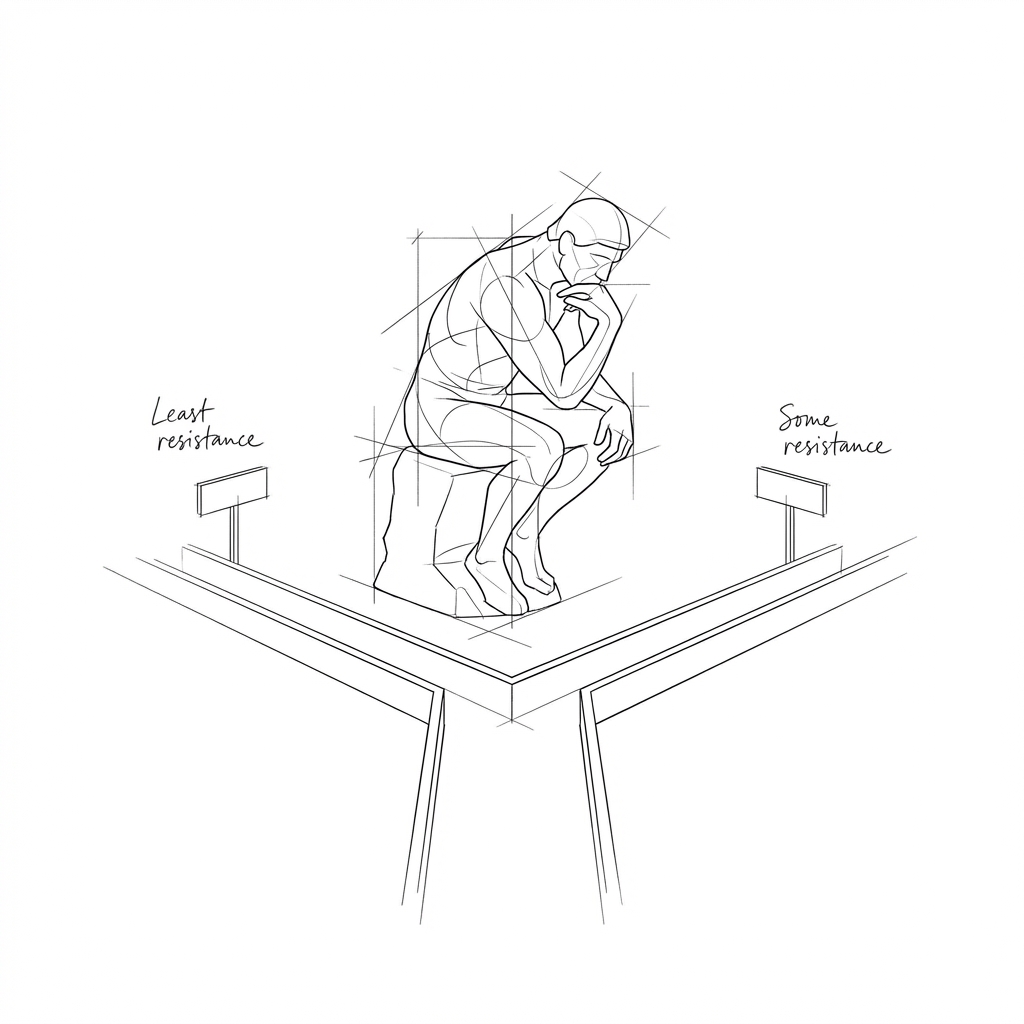 'The Thinker' statue by Rodin, stylised in a bauhaus style. The figure is considering taking one of two paths indicated by two signs, one marked "Least resistance" the other marked "Some resistance".